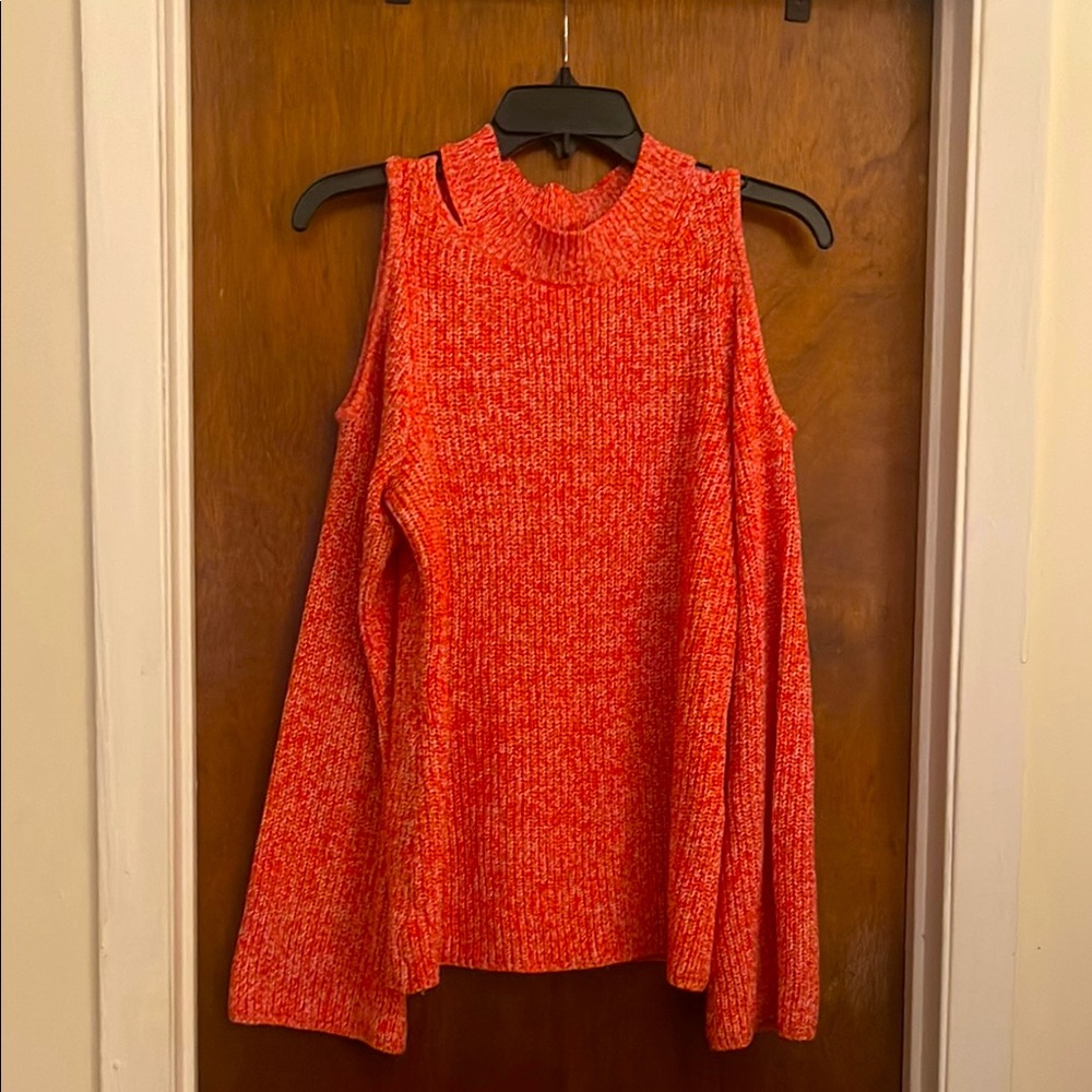 New York & Company Orange Cowl Neck Cold Shoulder Sweater